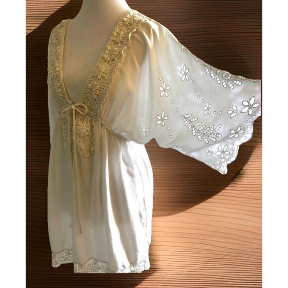 White Eyelet Coverup Mini Dress Swim Cotton Embroidered Lined Boho Beach Bride M - Picture 3 of 13